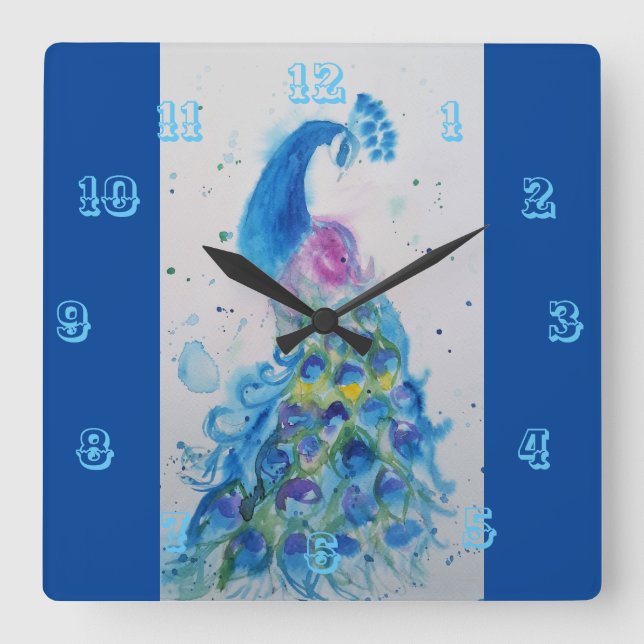 Horloge Carrée Elégant Peacock Aquarelle Oiseaux Marine Bleu (Recto)