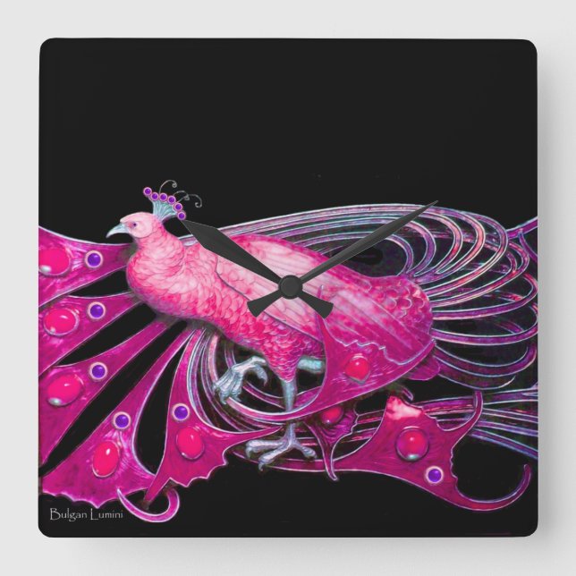 HORLOGE CARRÉE ÉLÉGANT PEACOCK EN FUCHSIE ROSE ET NOIR (Recto)