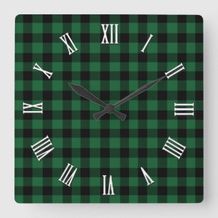 Horloge Carrée Élégant plaid de buffle vert et noir, à damiers
