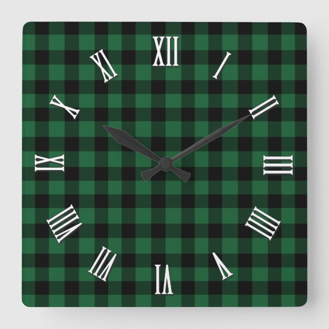 Horloge Carrée Élégant plaid de buffle vert et noir, à damiers (Recto)