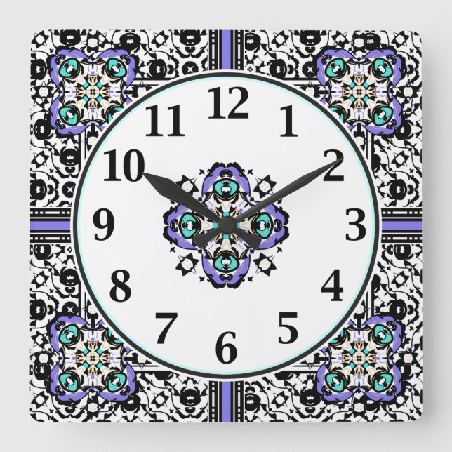 Horloge Carrée Elegant Purple and Teal Moroccan Arabesques (Recto)