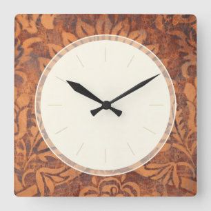 Horloge Carrée Elégant Renaissance Antique Cuir Damask