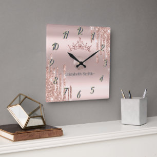 Horloge Carrée Élégant rose doré brillant