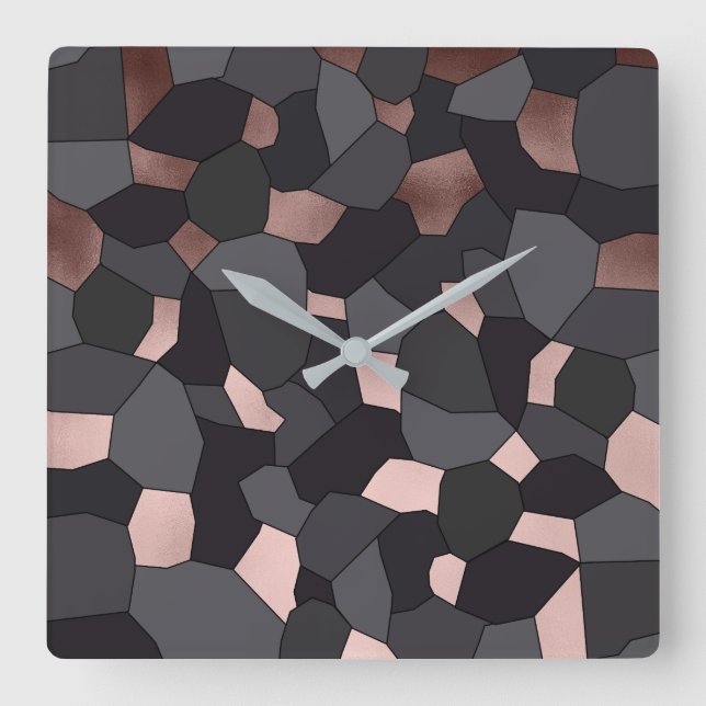 Horloge Carrée Elégant rose or gris et mosaïque noire (Recto)