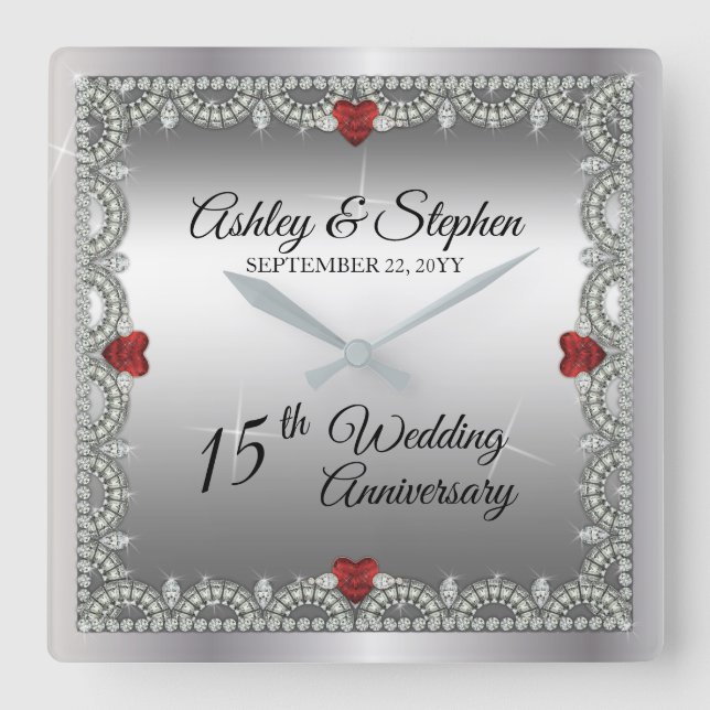 Horloge Carrée Elégant Ruby | 15e anniversaire du Mariage des dia (Recto)