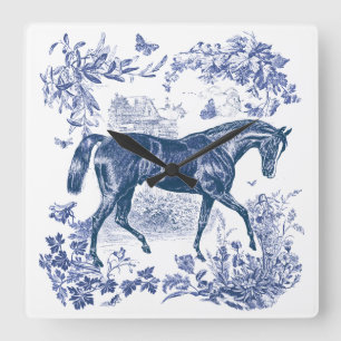 Horloge Carrée Elégant Vintage Rustic Blue Horse Country Toile