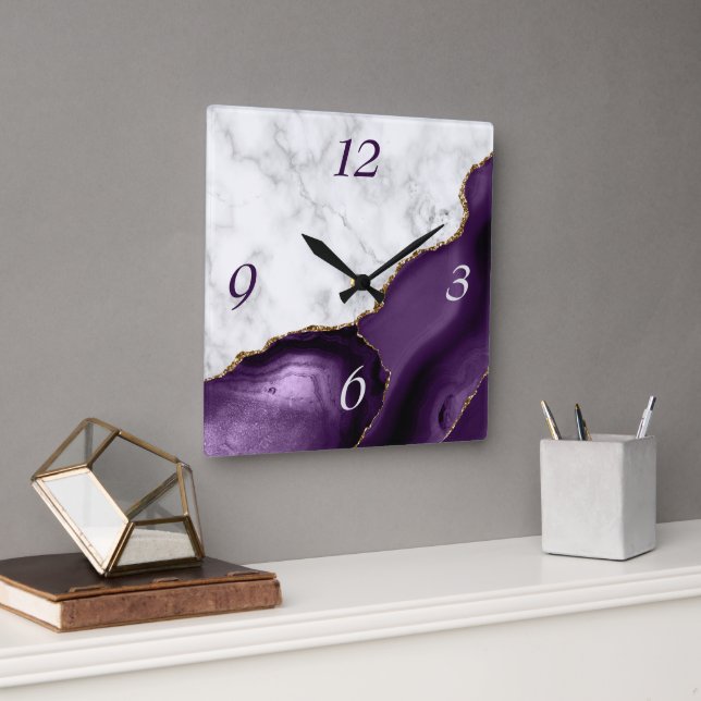 Horloge Carrée Élégant violet Agate Parties scintillant or marbre (Bureau)