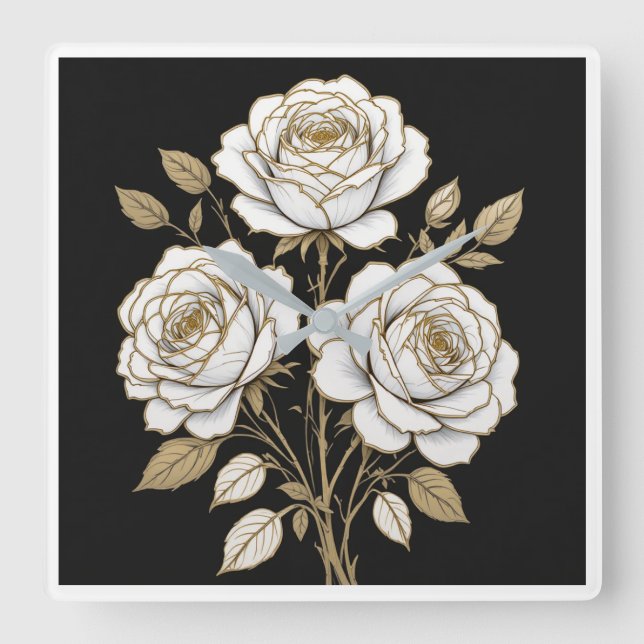 Horloge Carrée Elegant White & Gold Floral Rose Wall Clock  (Recto)