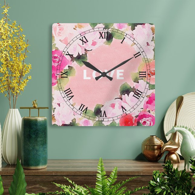 Horloge Carrée Elégante aquarelle artistique Roses roses roses ro (Créateur téléchargé)