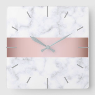 Horloge Carrée élégante bande rose en marbre blanc