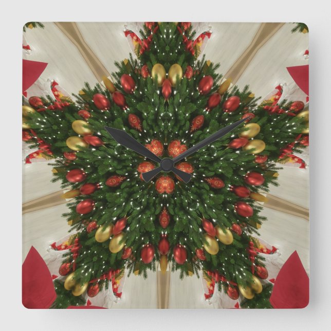 Horloge Carrée Élégante couronne de Noël Rouge Vert Kaleidoscopiq (Recto)