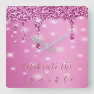 Horloge Carrée Élégante Goutte de Paillettes Rose Chaud