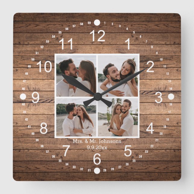 Horloge Carrée élégante mrs & mr 4 photos collage rustique mariag (Recto)