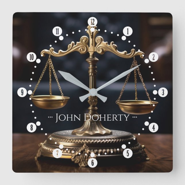 Horloge Carrée Élégantes échelles de justice | Nom des avocats (Recto)