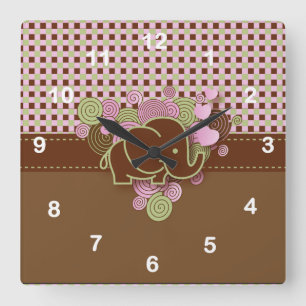 Horloge Carrée Eléphant avec Arrière - plan rose et Brown