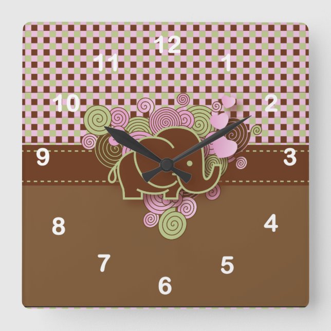 Horloge Carrée Eléphant avec Arrière - plan rose et Brown (Recto)