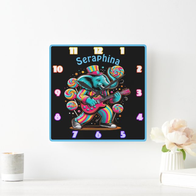 Horloge Carrée Eléphant avec guitare dans des tourbillons de bonb (Maison)