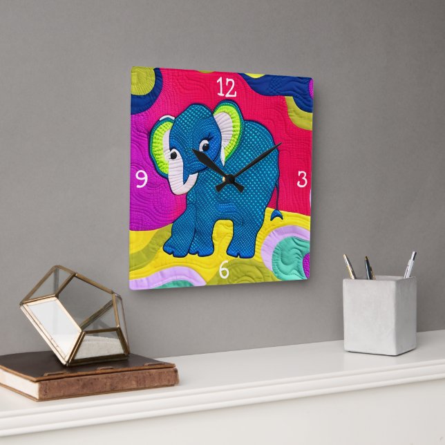 Horloge Carrée Eléphant Bébé Bleu Cute - Design Quilt (Bureau)