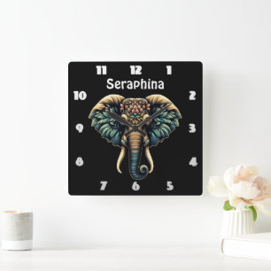 Horloge Carrée Eléphant dans des fleurs et des feuilles vibrants