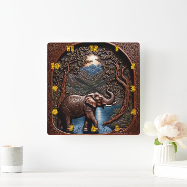 Horloge Carrée Eléphant majestueux par Serene Mountain Lake (Maison)