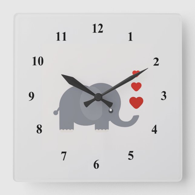 Horloge Carrée Éléphant mignon avec des cœurs amour fantaisiste (Recto)