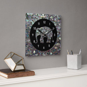 Horloge Carrée Éléphant pailleté mosaïque argenté scintillant
