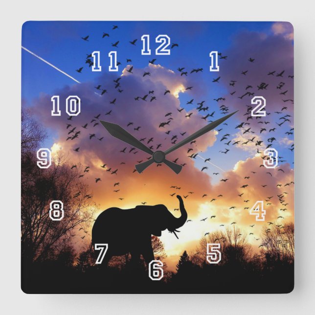 Horloge Carrée Elephant Silhouette Square Clock (Recto)
