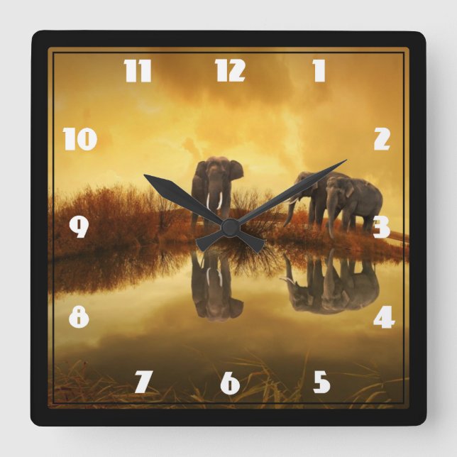 Horloge Carrée Eléphants asiatiques en Thaïlande sous un coucher  (Recto)