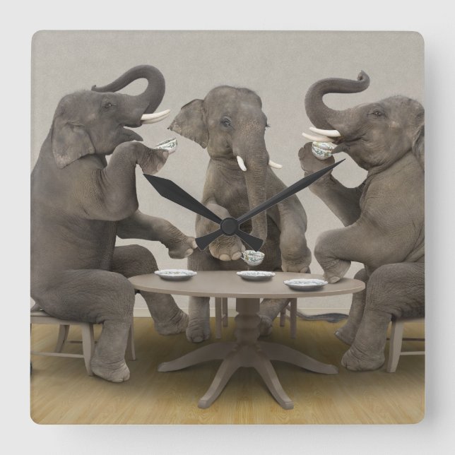 Horloge Carrée Elephants having tea party (Recto)