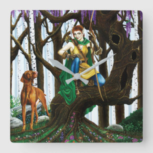 Horloge Carrée Elfe de fantasy archer Vizsla Chien Forêt Enchanté