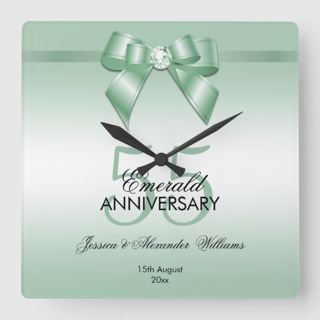 Horloge Carrée Emerald Gem Bow & Ribbon 55e anniversaire de Maria (Recto)