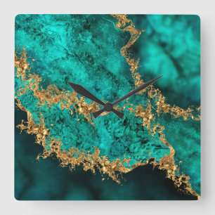 Horloge Carrée Emerald Jade Gold Splatter Abstrait