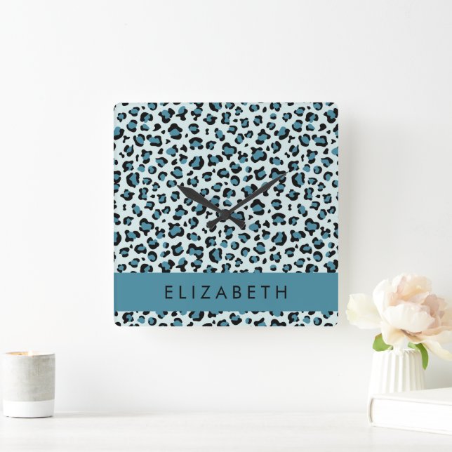 Horloge Carrée Empreinte de léopard, Spots, Leopard Bleu, Votre N (Maison)