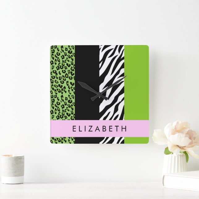 Horloge Carrée Empreinte de léopard, Zebra Print, Vert, Votre nom (Maison)