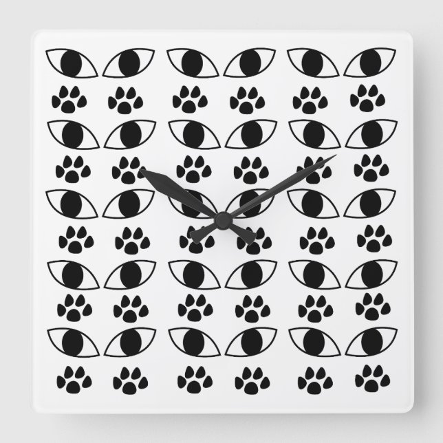 Horloge Carrée Empreinte de patte de chat noir et blanc (Recto)
