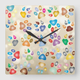 Horloge Carrée Empreintes de pattes de chien colorées adorables,