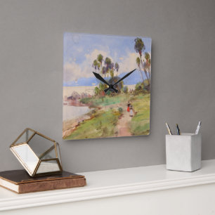 Horloge Carrée En Jamaïque Fine Art Watercolor Paysage tropical