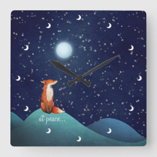 Horloge Carrée en paix ~ Renard charmant assis sous une Pleine lu