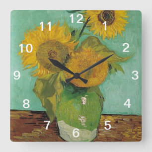Horloge Carrée encore en vie - vase avec trois tournesols, van Go