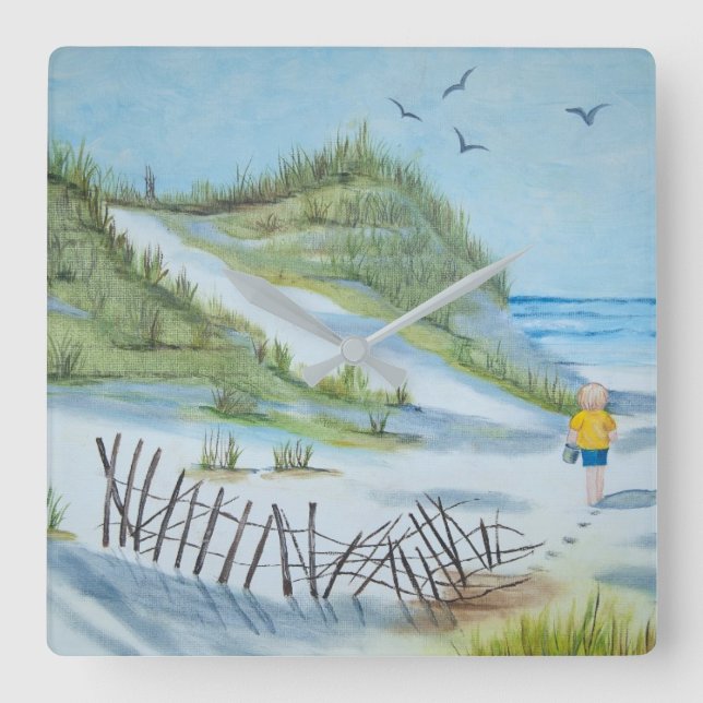 Horloge Carrée enfant sur l'aquarelle de plage de sable (Recto)