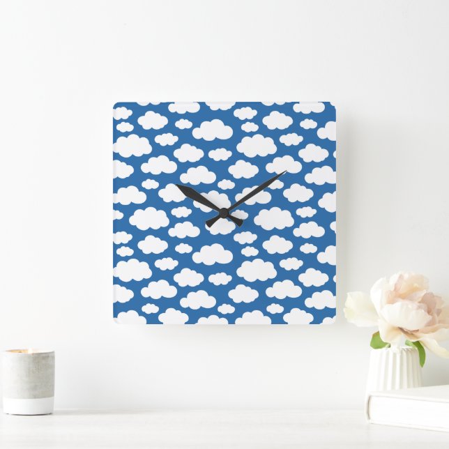 Horloge Carrée Enfants Cute Fluffy Nuages en bleu ciel blanc (Maison)