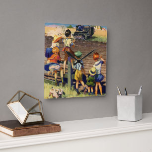 Horloge Carrée Enfants vintage faisant signe au fermier local sur