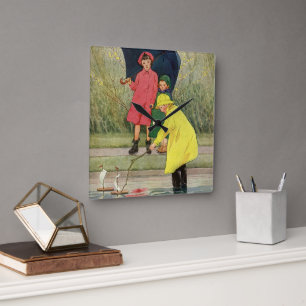 Horloge Carrée Enfants vintage jouant dans les flaques d'eau "Une