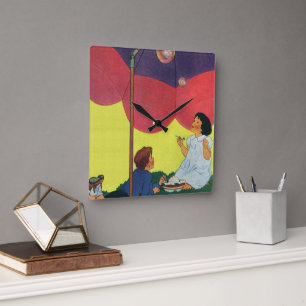 Horloge Carrée Enfants vintage soufflant des bulles sous un parap