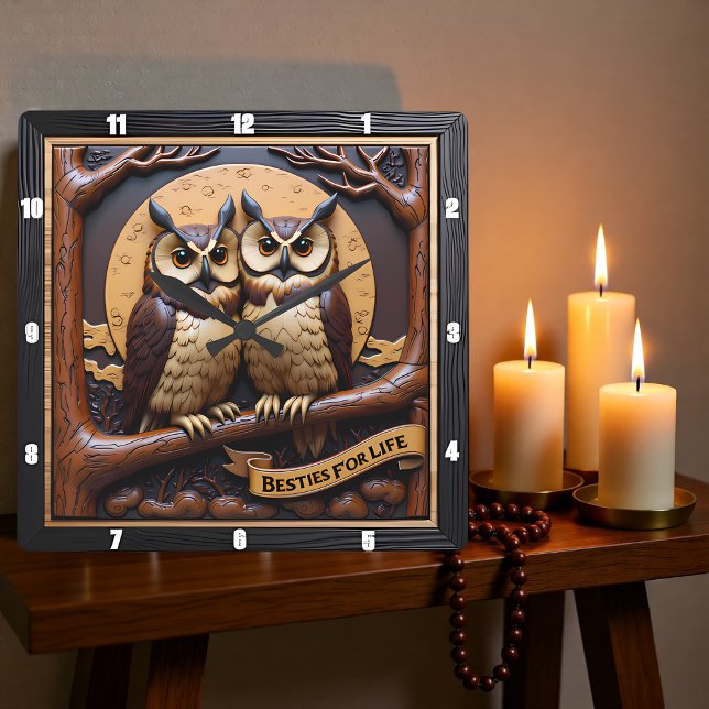 Horloge Carrée Engraved Owls Branch Banner Brown (Créateur téléchargé)