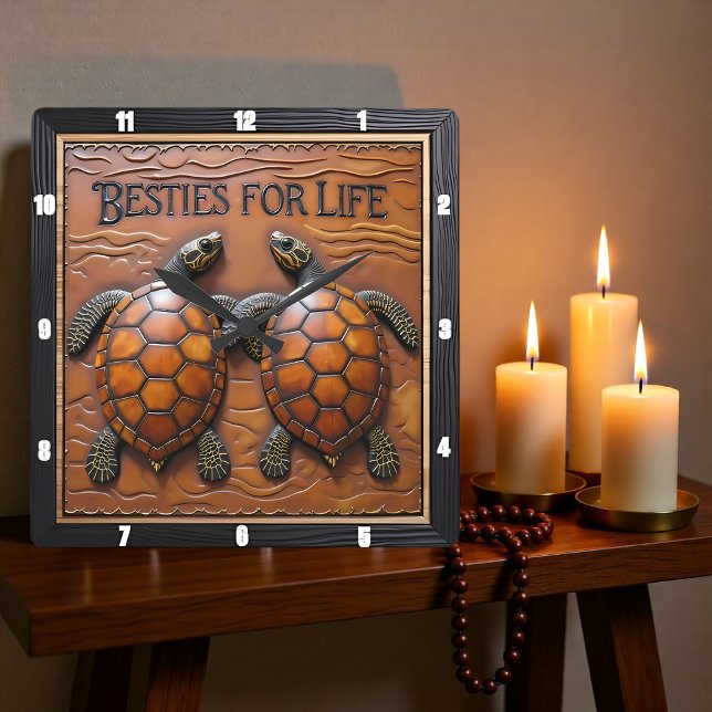 Horloge Carrée Engraved Turtle Pair Brown Monotone (Créateur téléchargé)