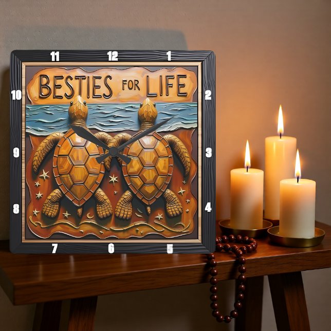 Horloge Carrée Engraved Turtle Pair Shoreline Besties (Créateur téléchargé)