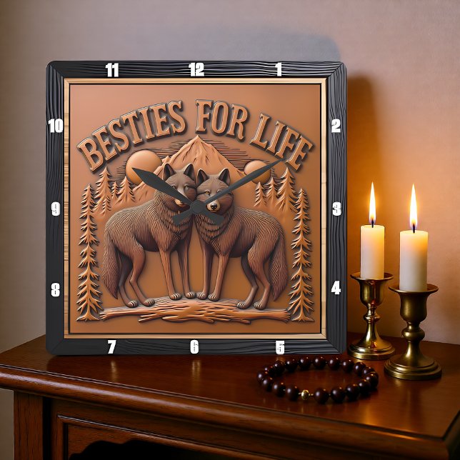 Horloge Carrée Engraved Wolf Pair Mountain Sunset (Créateur téléchargé)