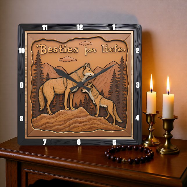 Horloge Carrée Engraved Wolf Pair Orange Mountain (Créateur téléchargé)