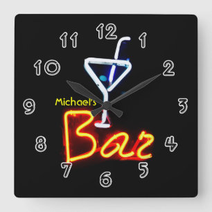 Horloge Carrée Enseigne au néon Bar à domicile Personnalisé